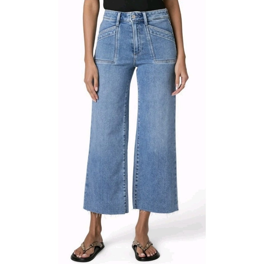 PAIGE Anessa Ankle Crop Wide Leg Jeans Raw Hem Women 28 Stretch High Waisted